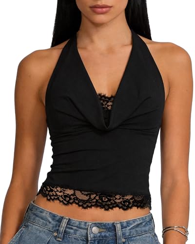 Image of GOZINA Womens Halter Neck Vest Top, Black Cowl Crop Lace Tops, Sexy Backless Top, Y2K Going Out Tops (UK, Alpha, L, Regular, Regular, Black)