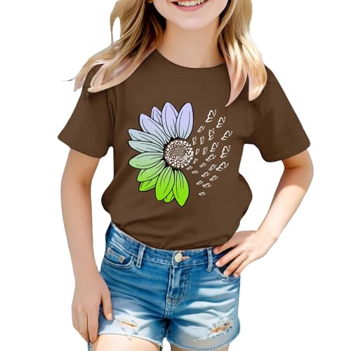 Girls Loose Fit Sunflower Graphic T Shirts Short Sleeve Crewneck Cute Pattern Printed Tops Kids (D-Coffee, 4-5 Years)3