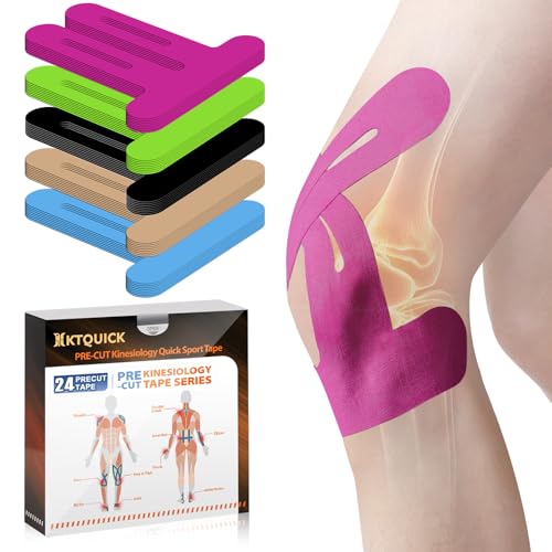 PreCut Kinesiology Tape for Knees, 24PCS Waterproof KTQUICK Knee Tape for Knee Pain Relief Pre Cut, Original Cotton Athletic Knee Tape, Waterproof & Hypoallergenic Latex-Free for Sports (Pink)