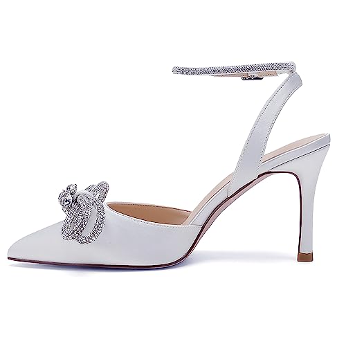 Pointed Toe Satin White Wedding High Heels Rhinestone Ankle Strap Dress Shoes Pumps for Bride3