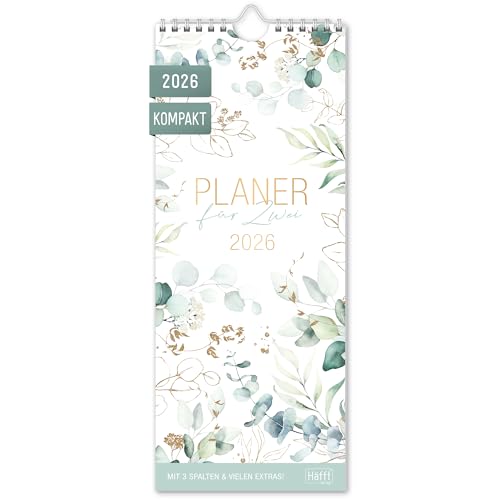 Häfft® Planer für Zwei Kompakt 2026 Paarkalender mit 3 Spalten 'Blattgold' 13 x 32 cm - Wandkalender für 12 Monate: Jan bis Dez 2026, Paarplaner Wandplaner - nachhaltig & klimafreundlich
