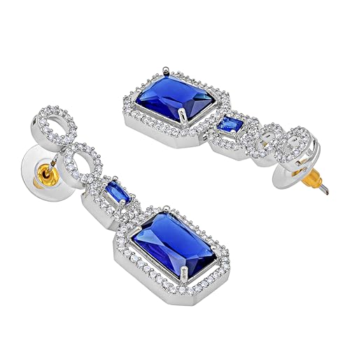 Image of ASMITTA Jewellery Rhodium-Plated Square American Diamonds Studded Pendulous Necklace with Earrings Jewellery Set for Girls Womens