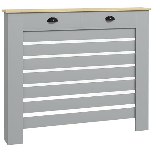 HOMCOM Cubreradiador moderno de lamas con 2 cajones en MDF, para el hogar y la oficina, 111x19x95,5 cm, gris