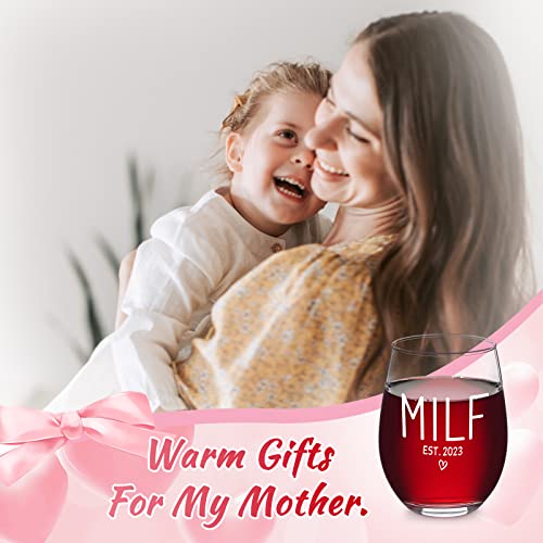 Dazlute Mothers Day Gifts, Milf Est 2023 Stemless Wine Glass For New Mom First Time Mom Pregnant Mom Mom To Be Women Wife Friends, New Mom Gifts For Mothers Day Baby Shower Christmas Birthday, 17Oz #TOP1