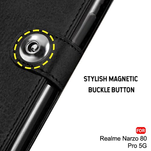 Image of TheGiftKart Flip Cover Back Case for Realme Narzo 80 Pro 5G | Genuine Leather Finish | Designer Button | Inbuilt Pockets & Stand | Wallet Style Flip Back Cover for Narzo 80 Pro (Faux Leather, Black)
