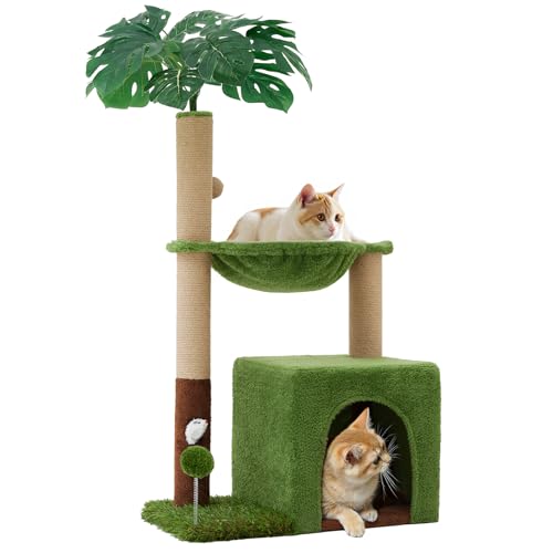 WOOCHPET Palm Tree Cat Tree 37 Inch Scratching Post Tower Tropical Jungle Playground with Natural Jute Sisal Rope Cozy Plush Hammock Private Cave Condo Toy Mouse Stable Faux Grass Base