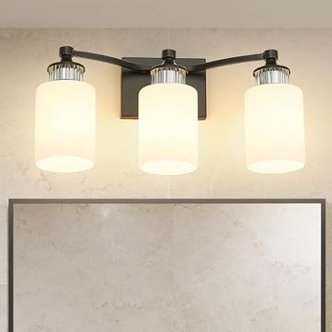 YKLITG Matte Black Bathroom Light Fixture, 3-Light Bathroom Vanity Light Modern, Modern Vanity Lighting, Vanity Lights with Milky White Glass Shades for Bedroom Living Room, E26 Socket, BD037-3-BK Cover