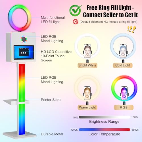 Image of Mirror Photo Booth with 15.6 Interactive Touch Screen DSLR Photo Booth with Flight Case Remote Control RGB Mood Light Instant Print and Share for Professional Party Photography (White)