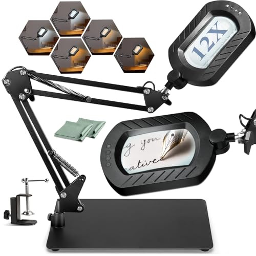 12X Square Magnifying Glass with Light and Stand