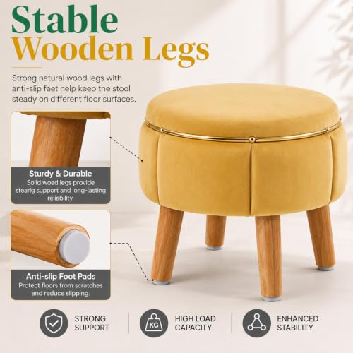 Image of Velvet Upholstered Round Ottoman Footstool | Anti-Slip Feet | Multipurpose Footrest, Step Stool & Vanity Seating & Decor | 40 x 30 cm (16 x 12 Inch) | Yellow