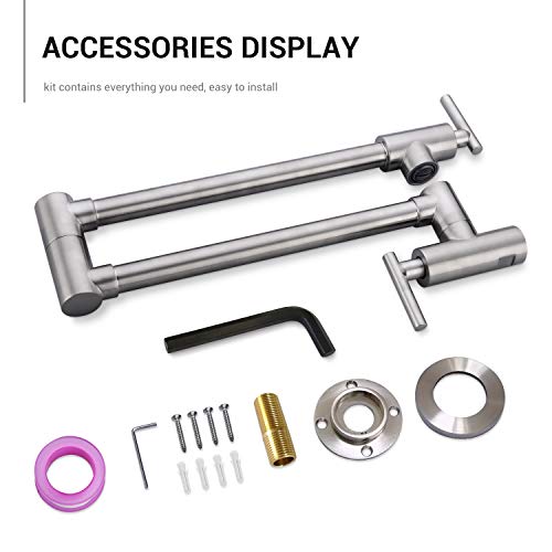 Miniatura 6 de Grifo De Llenado De Pote Kpf-13012bn, 2 Manijas Válvula Montada En La Pared De Acero Inoxidable Comercial Fregadero Olla Relleno Con Doble Articulación Brazo Plegable Estirable, Níquel Cepillado