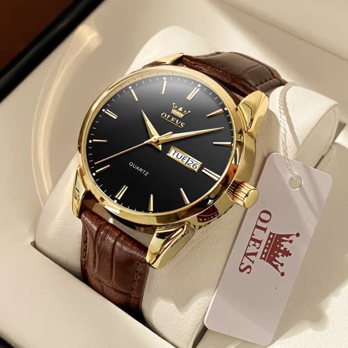 Image of OLEVS Brown Mens Leather Watch Dress Casual Day Date Quartz Wrist Watch