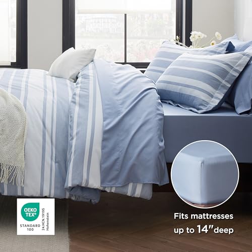 Image of Bedsure King Comforter Set 7 Pieces, Blue Striped Bedding Set for All Seasons, Reversible, Cationic Dyeing Bed in a Bag with Comforter, Sheets, Pillowcases & Shams
