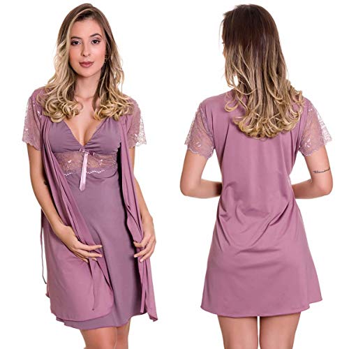 Camisola Amamentação Com Robe em Microfibra e Renda - ES206-207