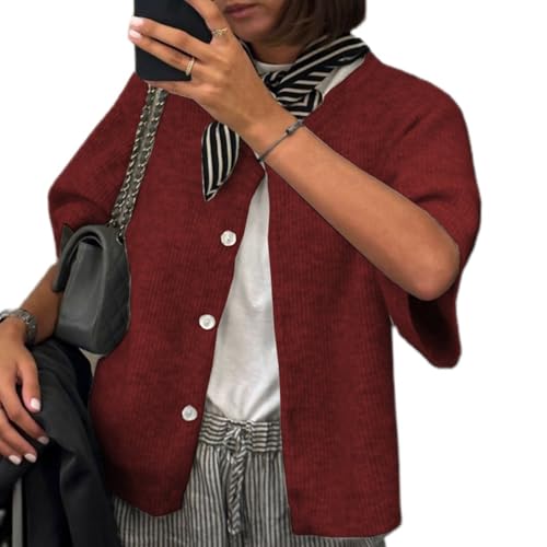 Image of Women Y2K Knit Cardigan Short Sleeve Crewneck Solid Color Button Down Tops Casual Going Out Sweater Streetwear