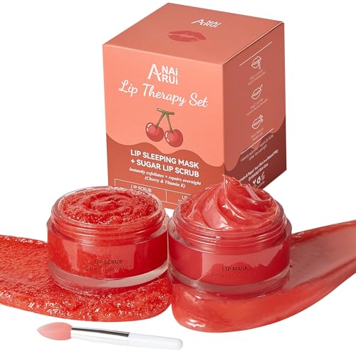 ANAiRUi Lippenreparatur Feuchtigkeitskit, Kirsche & Vitamin E Lippenpeeling Exfoliator und Lip Sleeping Mask, 2in1 Veganes Zucker-Lippenpflegeset zur Behandlung trockener, spröder, schuppiger Lippen ANAiRUi Lippenreparatur Feuchtigkeitskit, Kirsche & Vitamin E Lippenpeeling Exfoliator und Lip Sleeping Mask, 2in1 Veganes Zucker-Lippenpflegeset zur Behandlung trockener, spröder, schuppiger Lippen
