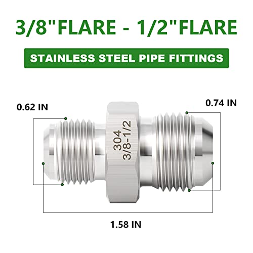 Image of TAISHER 5PCS Forging of 304 Stainless Steel Tube Flare Fittings, 3 /8 inch Male Flare x 1 /2 inch Male Flare, Union