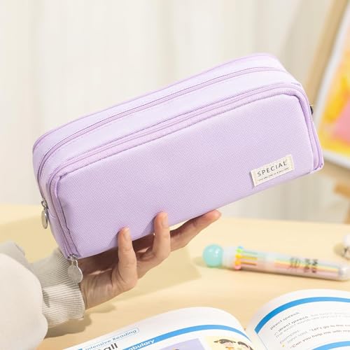 Image of Large Capacity Pencil Box for Girls & Boys, 3 Compartments Pen & Pencil Pouches, Aesthetic Stationery Pouch for School Kids College Students, Cute Stationary (Purple)