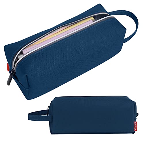 Image of Fmeida Pencil Case Pouch - Water Resistant Pencil Pouch Portable Pencil Bag Simple Office Stationery Pouch with Handle - Navy Blue