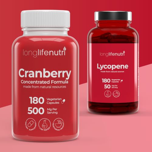 LongLifeNutri Cranberry Extract 500 mg & Lycopene 50 mg Bundle - 180 Veg Capsules Each, 6 Month Supply, Urinary & Prostate Support, Non-GMO, Antioxidant Formula, Made in USA