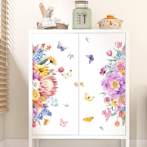 Tanlaby Flores de Jardín Adhesivos Pared Flores de Colores Mariposa Pegatinas de Pared Plantas de Primavera Vinilos Decorativos para Sala de Estar Dormitorio Oficina TV Sofá Baño Fondo