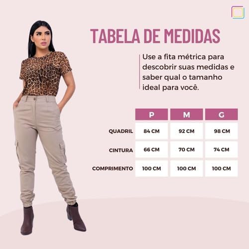 Calça Cargo Jogger Sarja Premium Com Elastano Feminina (BR, Alfa, P, Regular, Regular, Branco)