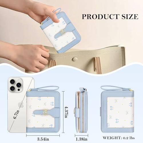 Image of BIAOTIE Wallet for Women Cute Floral Flower Wallet RFID Credit Card Holder Purse Small Bifold Zipper Coin Pocket Purse with ID Windows (Bow Blue)