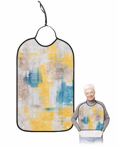 LEOKOTI Yellow Blue Adult Bibs for Eating, Waterproof Bibs with Food Catcher & Adjustable Snap Closure, Middle Century Oil Painting Abstract Washable Clothing Protectors Adult Bibs for Elderly