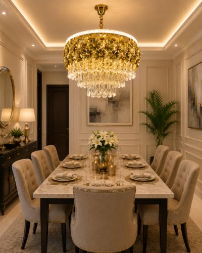 Image of Elegant Chandelier Ceiling Light for Living Room Hanging Pendant Light | Italian K9 Crystals | Metal Frame | Adjustable LED Light-Pack of 1 (Chandelier-Floral-400MM-Gold)