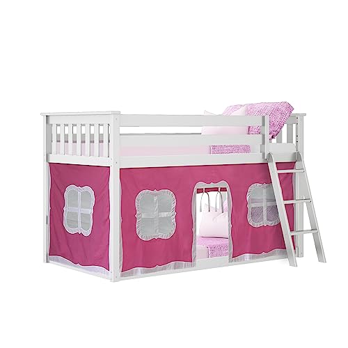 Max & Lily Low Bunk Bed, Twin-Over-Twin Bed Frame For Kids With Curtains For Bottom, White/Pink - Thumbnail 4