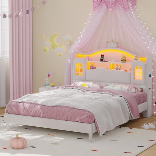 busyaeh Full Bed Frame with Storage Headboard Princess Bed Cream White