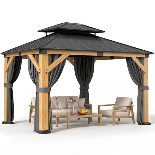 Jocoevol 10' X 12' Wood Gazebo Hardtop Outdoor Permanent Pavilion with Double Galvanized Steel Roof, Curtains and Netting, Snow Support, Wind Resistance, for Backyard Garden, Lawns, Patio