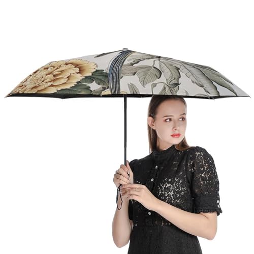 Parapluie facilement pliable et compact à motif grue jaune et gris paon