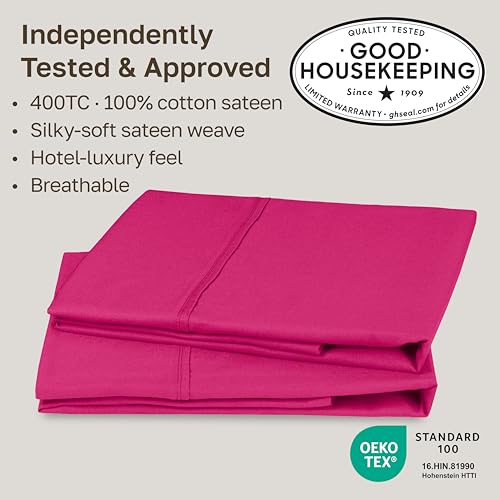 Image of California Design Den King Size Pillowcases Set of 2-400 Thread Count Sateen, Natural 100% Cotton King Size Pillows Cases, Soft, Roomy and Breathable - Hot Pink
