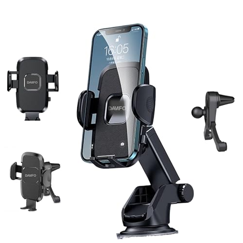 DAMFO Car Phone Mount Holder – 4-in-1 for Dashboard, Windscreen, Vent & Desk | Strong Suction & 360° Rotation | Universal Fit for iPhone 16/15/14/13, Samsung & Smartphones