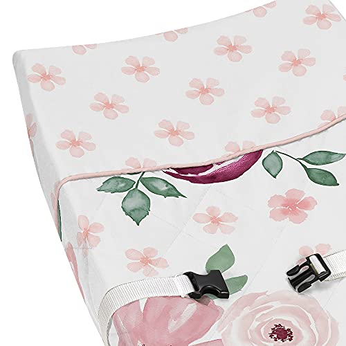 Image of Sweet Jojo Designs Burgundy Watercolor Floral Girl Baby Nursery Changing Pad Cover - Blush Pink, Maroon, Wine, Rose, Green and White Shabby Chic Flower Farmhouse