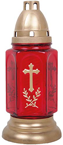 HS Candle Bella Lampe funéraire en verre avec croix et bougie Rouge 24 cm Cover