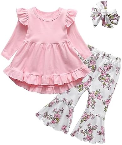 Baby Toddler Girl Clothes Outfits Ruffle Sleeve Tops Floral Bell-Bottom Pants Headband 3pcs Set