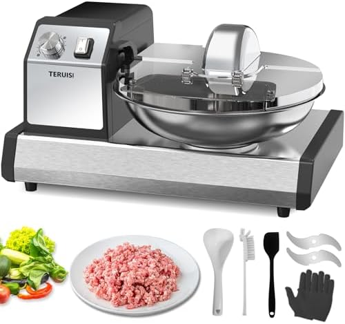 TERUISI Commercial Food Processor, 250W Heavy Duty Electric Meat Grinders with 1500RPM Blade Speed, 6QT Stainless Steel Food Bowl and 0-15 Mins Timer, Commercial Vegetable Chopper Food Mixer Machine
