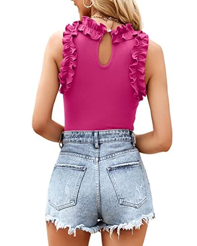 Image of WAYMAKER Women's Sleeveless Racer Back Ruffle Mock Turtle Neck Ribbed Bodysuit Tank Tops