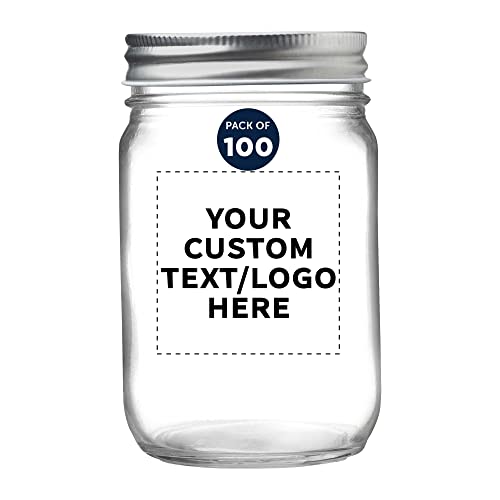 DISCOUNT PROMOS 100 Decorating Mason Jars Set, 12 oz. - Customizable Text, Logo - Canning, Aluminum Lid - Clear