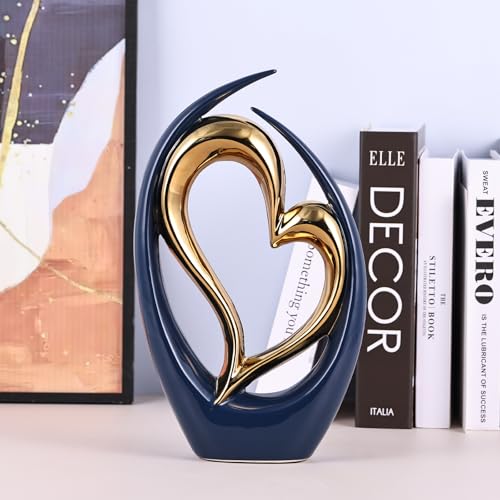 Estatua decorativa de corazón de cerámica azul y oro miniatura 5