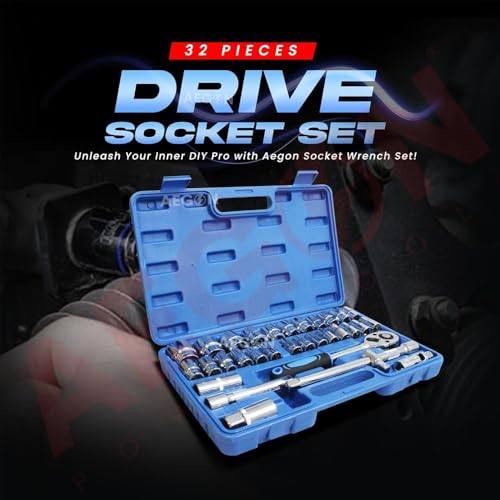Image of AEGON SPEAR SA-32 32Pcs 1 /2 inch Drive Socket Wrench Set | 6 & 12 Point Chrome Vanadium Ratchet Tool Kit | with Extension Bars, Universal Joint, Spark Plug Sockets | for Car, Bike, DIY & Auto Repair Work