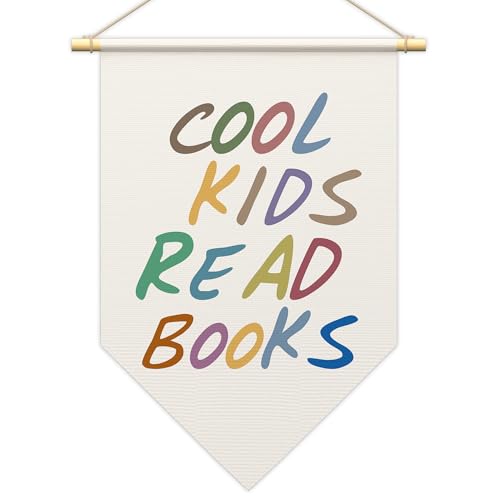 Cool Kids Read Books Pennant Canvas Banner-Colorful Words Funny Wall Art Print Hanging Flag-Poster Hanging Banner Artwork Wall Decorations & Supplies For Read Corner Bedroom Classroom(13.8" x 16")-A04