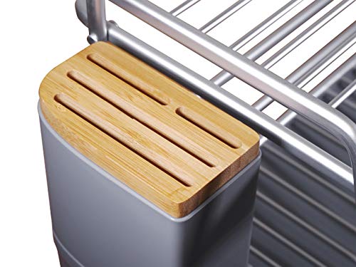 CozyBlock Aluminum 2-tier Dish Drying Rack with Utensil & Wood Cutlery Holder – Rust Proof Kitchen Countertop Dish Rack with Extra Large Drainboard Set – Bonus Drinkware Clips