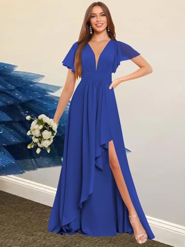Image of Deep V Neck Chiffon Bridesmaid Dresses Ruffle Formal Dress with Sleeves Pleated High Low Evening Gowns for Women