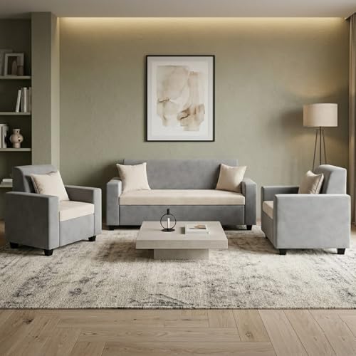 Image of FURNY QualityWood 3 Seater + 1 Seater + 1 Seater Fabric Sofa Set (Cream-Light Grey) with Velvet Finish | Durable Comfort | Ideal for Living Room