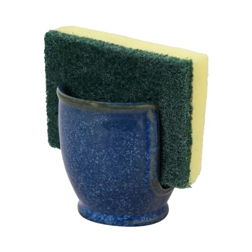 Image of QimacPlus Overseas Sponge Holder Handcrafted Blue U-Shaped Ceramic Sponge Holder for Modern Kitchen Organization and Decor