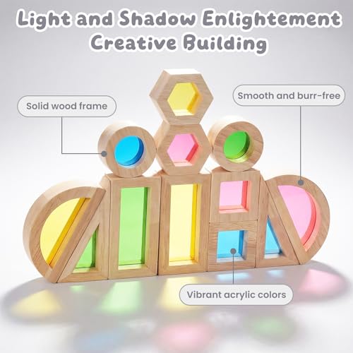 Image of WOODENFUN Wood Building Blocks Set for Kids,Rainbow Stacker Stacking Game Construction Toys Set Preschool Colorful Learning Educational Toys, Geometry Wooden Blocks for Boys Girls
