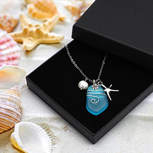 Sea Glass Necklace, Beach Necklaces With Starfish Pendant Wire Wrapped Blue Sea Glass Jewelry Handmade Necklaces Hawaiian Ocean Gift Beach Jewelry For Women Girls Birthday Necklaces For Women #TOP5